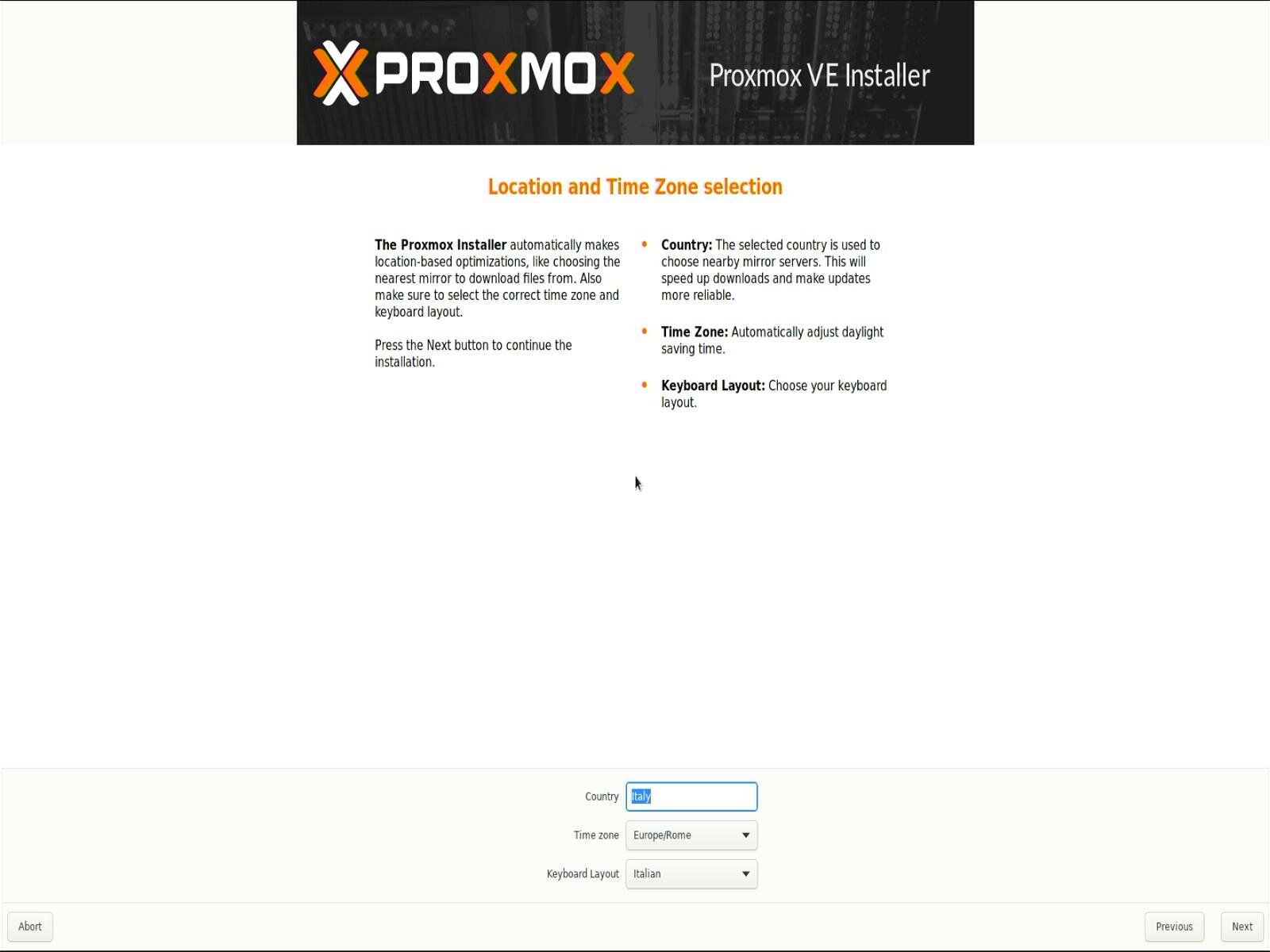 proxmox layout tastiera